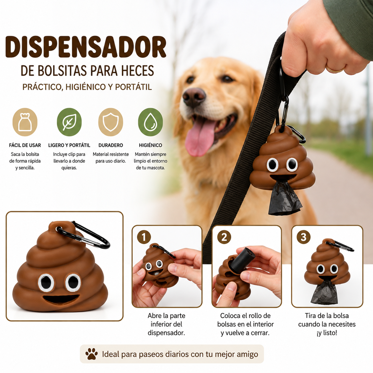 Dispensador De Rollo De Bolsa De Basura Diseño "Emoji Poop" Para Mascota