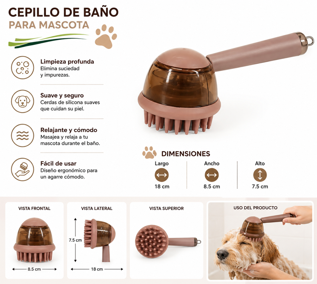 Cepillo De Baño Para Mascota Con Dispensador De Shampoo