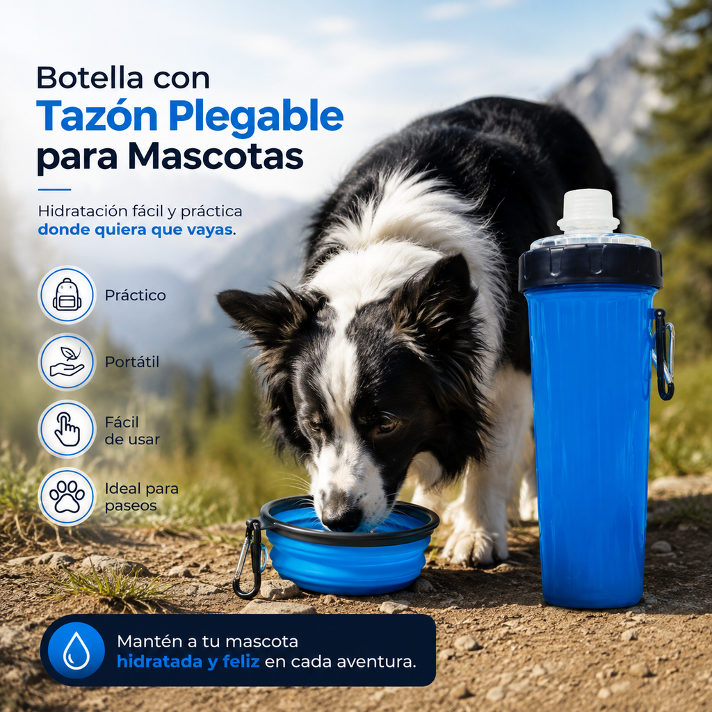 Vaso Para Croquetas y Agua + Plato Plegable de Silicona Chico