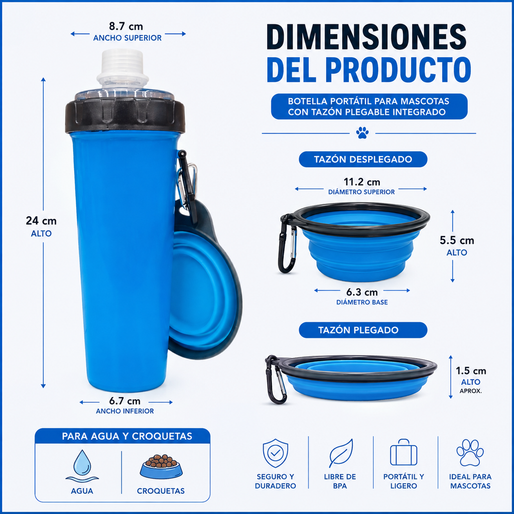 Vaso Para Croquetas y Agua + Plato Plegable de Silicona Chico