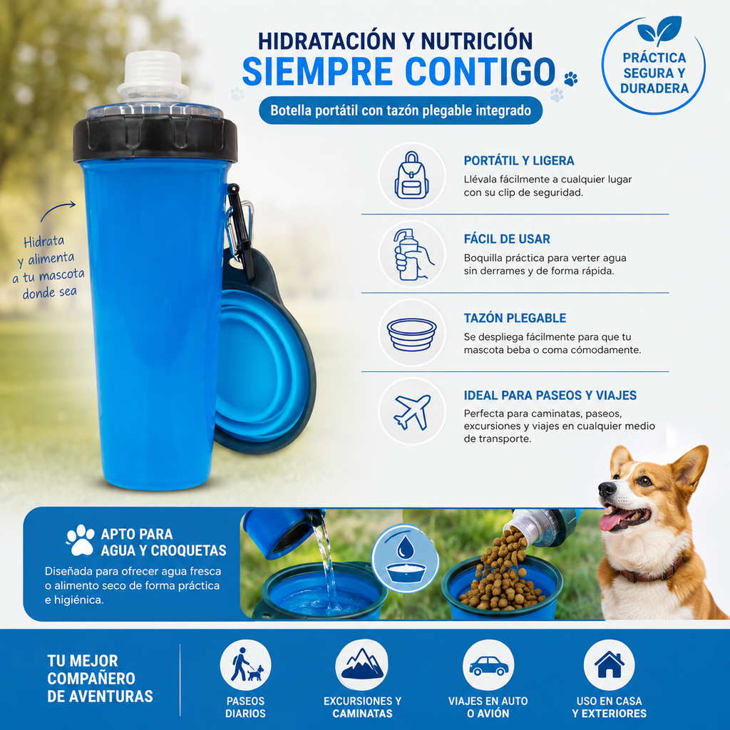 Vaso Para Croquetas y Agua + Plato Plegable de Silicona Chico