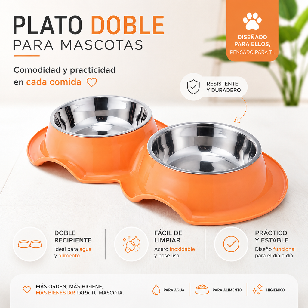 Tazon Doble Chico Para Mascota Con 1 Plato de Acero Inoxidable