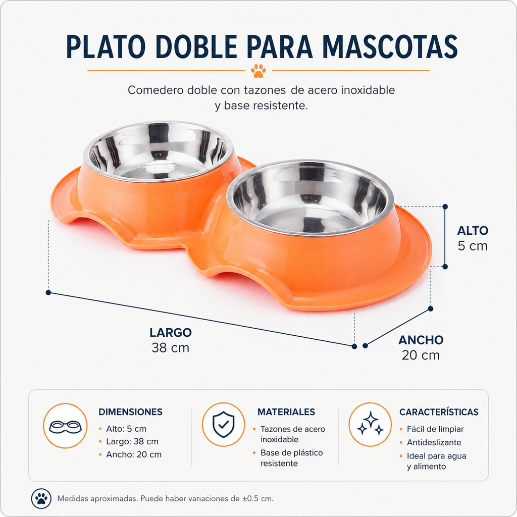 Tazon Doble Chico Para Mascota Con 1 Plato de Acero Inoxidable