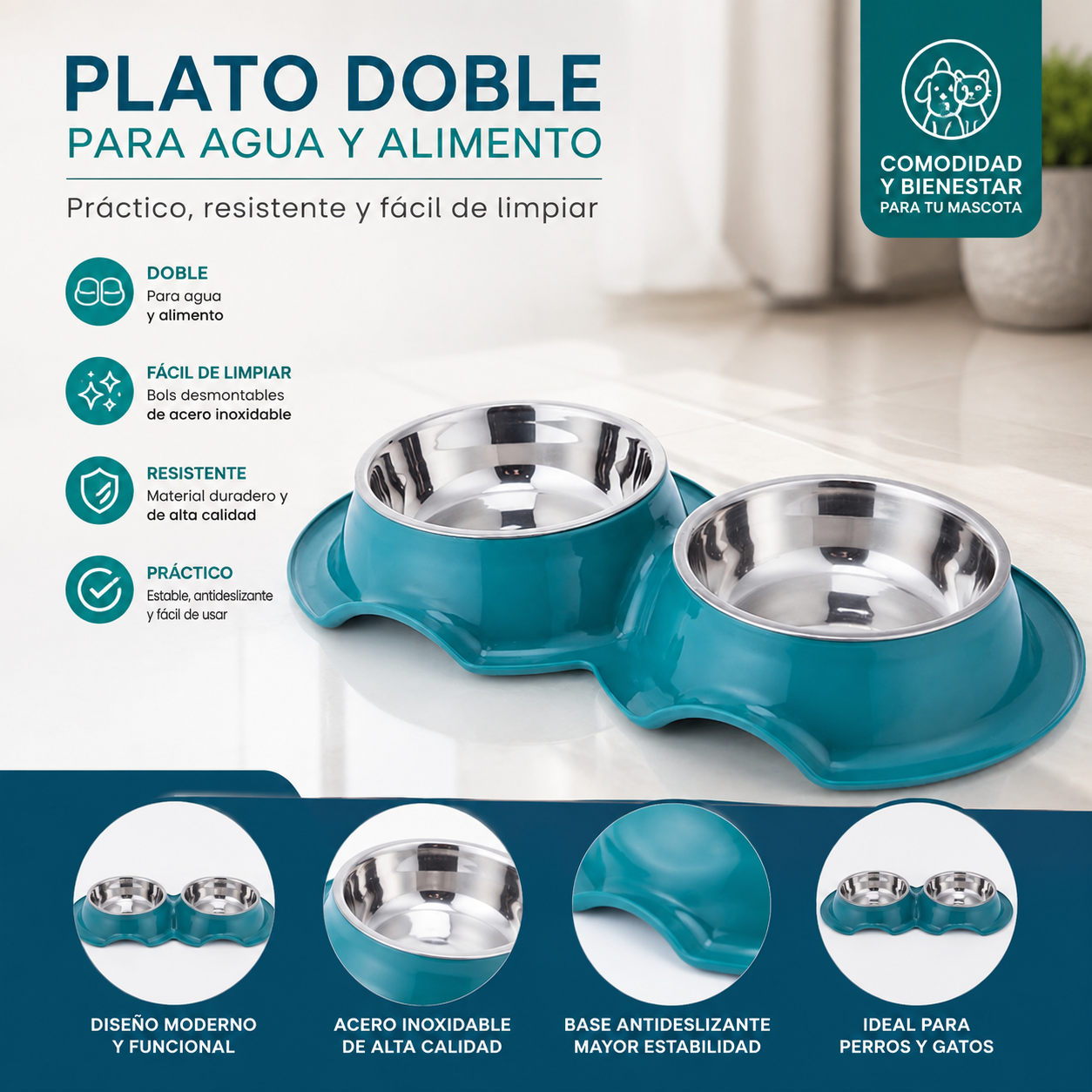 Tazon Doble Chico Para Mascota Con 1 Plato de Acero Inoxidable
