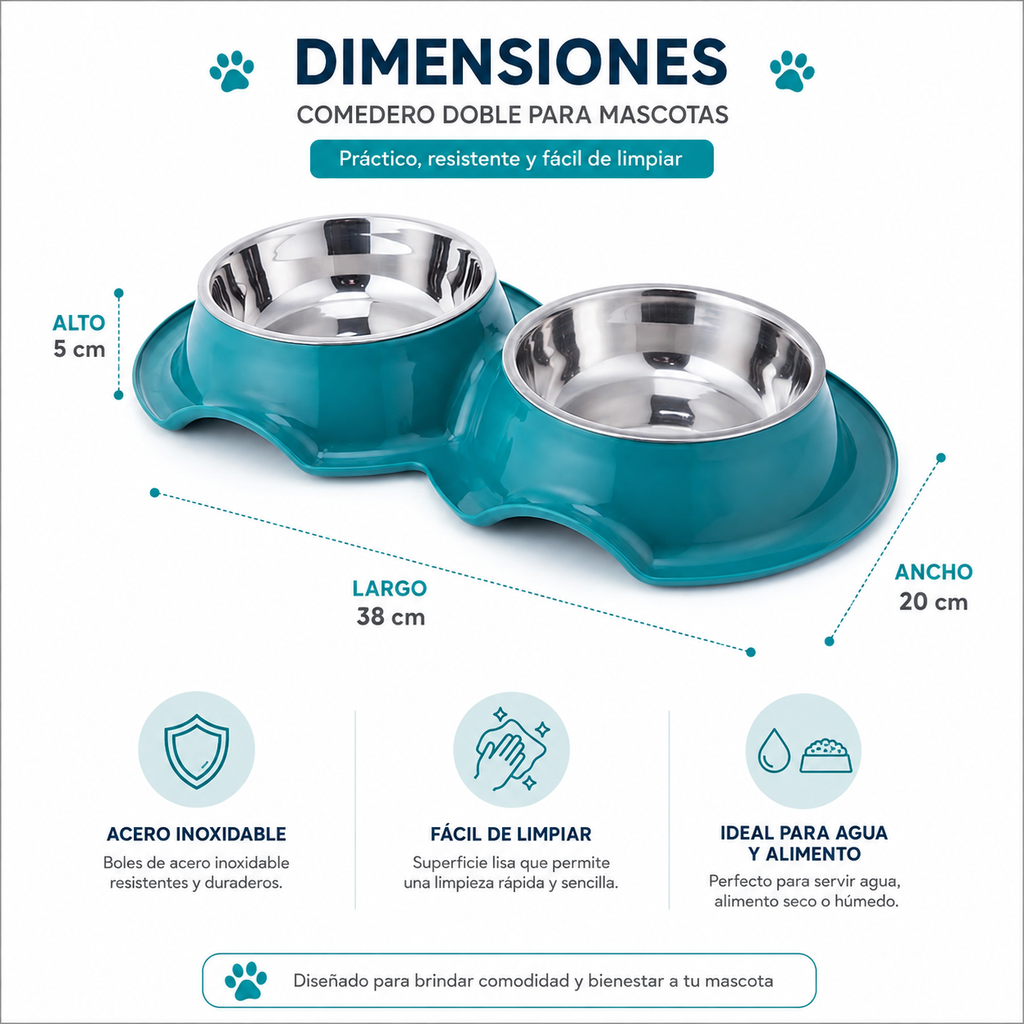 Tazon Doble Chico Para Mascota Con 1 Plato de Acero Inoxidable