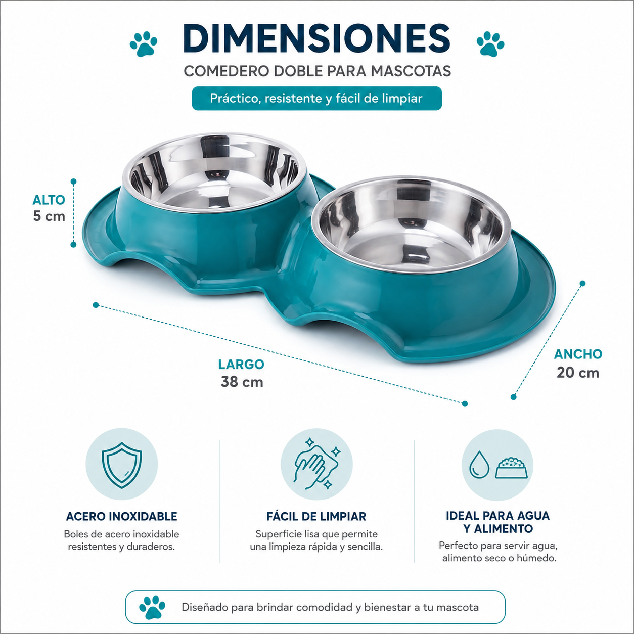 Tazon Doble Chico Para Mascota Con 1 Plato de Acero Inoxidable