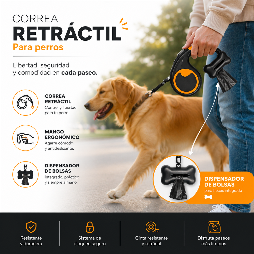 Correa Retráctil de 5mts Con Dispensador De Bolsas Para Mascotas