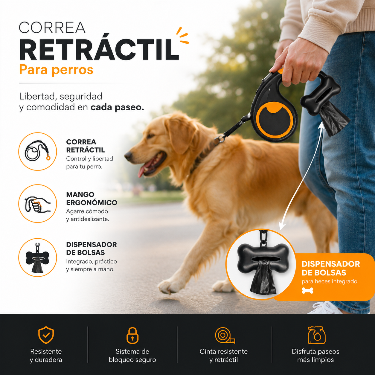 Correa Retráctil de 5mts Con Dispensador De Bolsas Para Mascotas