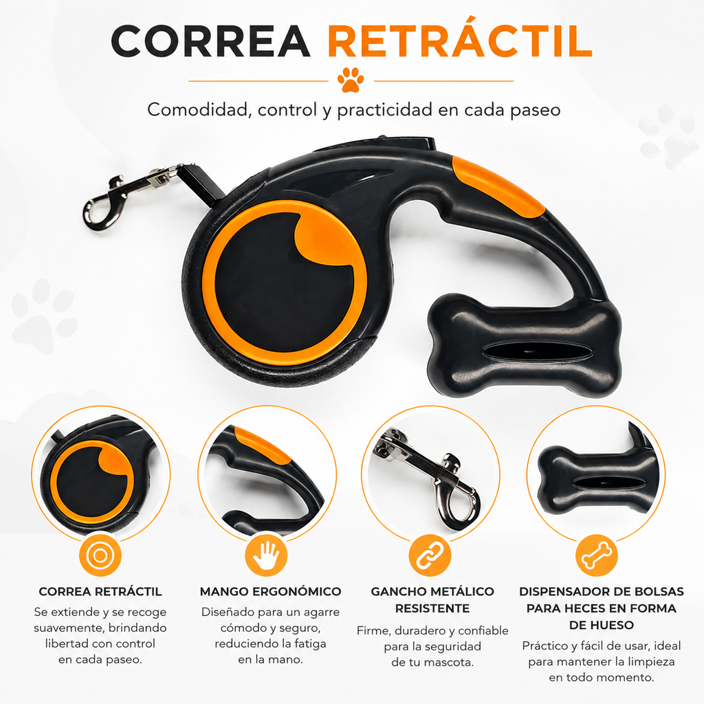 Correa Retráctil de 5mts Con Dispensador De Bolsas Para Mascotas