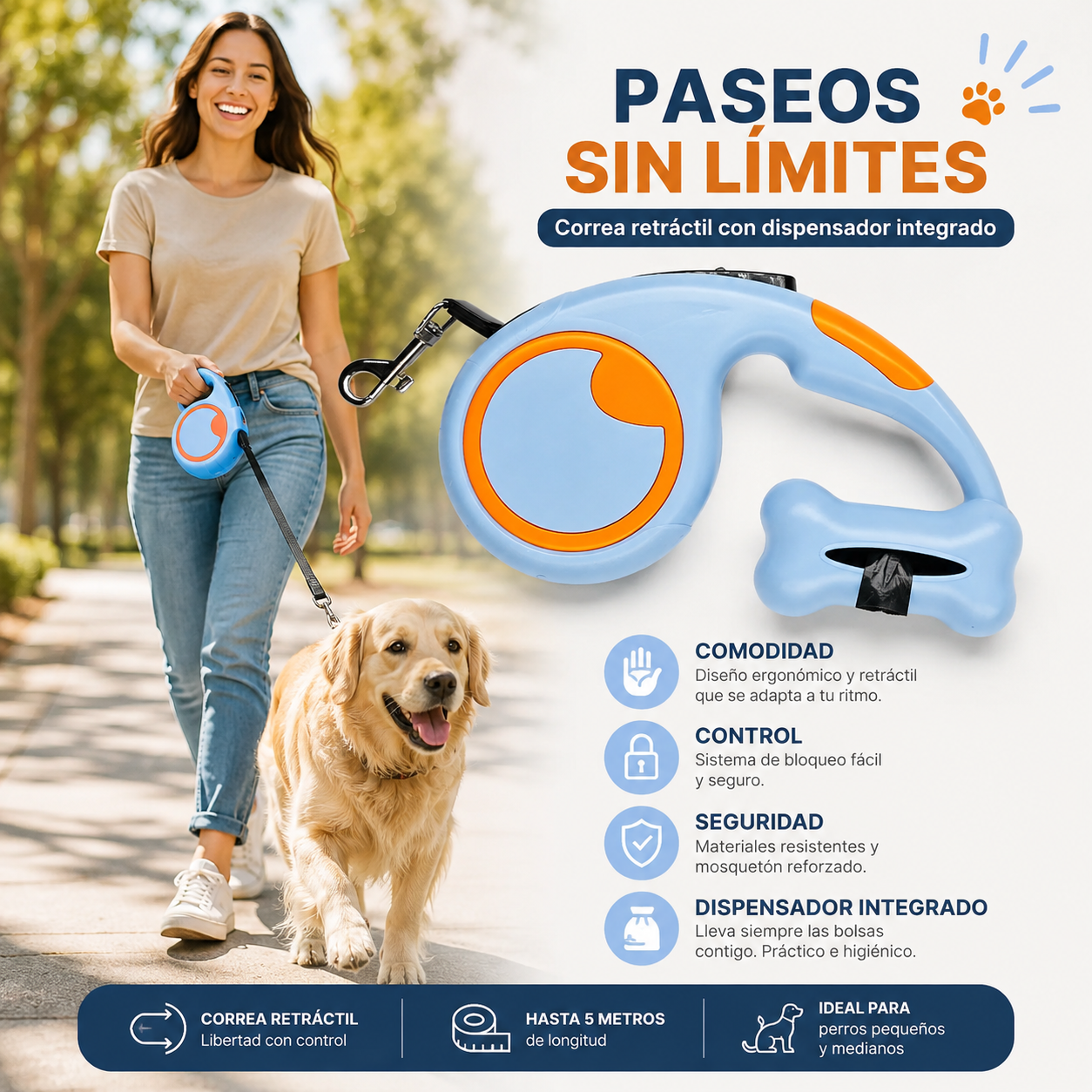 Correa Retráctil De 3mts Con Dispensador Para Bolsas Para Mascota