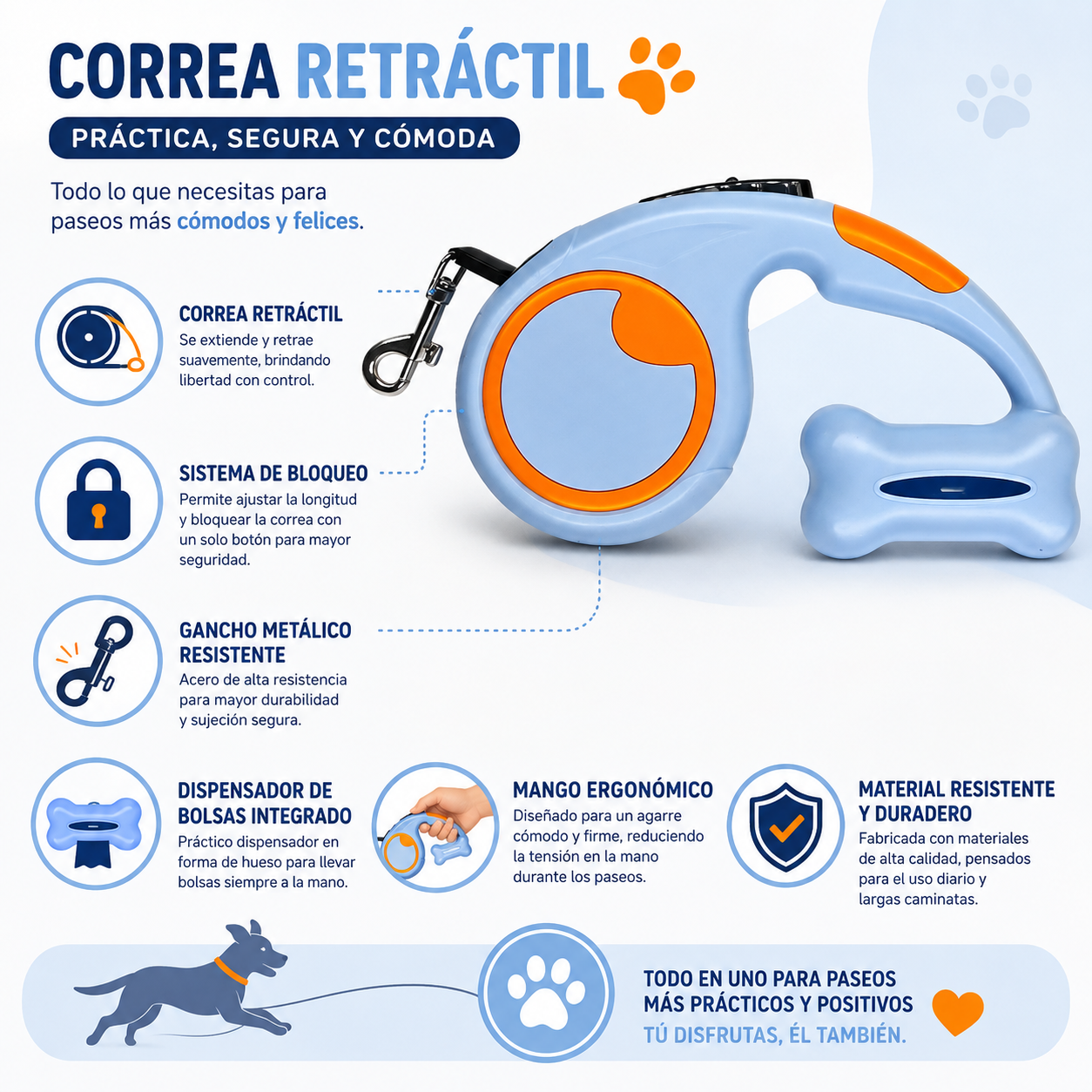 Correa Retráctil De 3mts Con Dispensador Para Bolsas Para Mascota