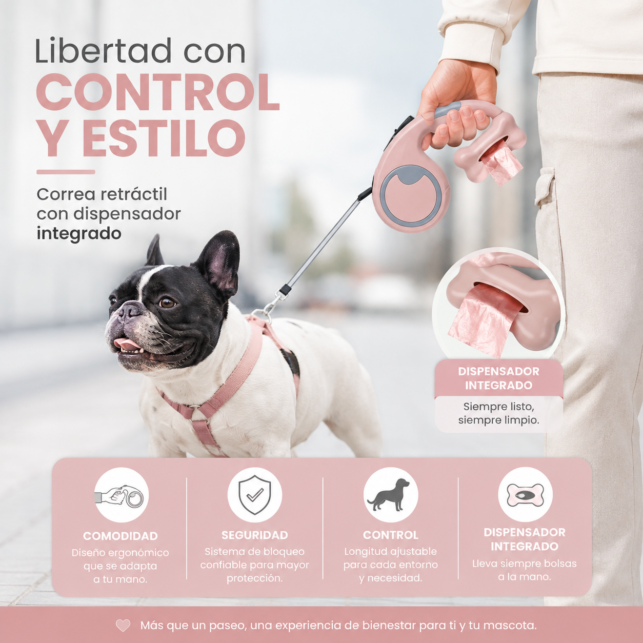 Correa Retráctil de 5mts Con Dispensador De Bolsas Para Mascotas