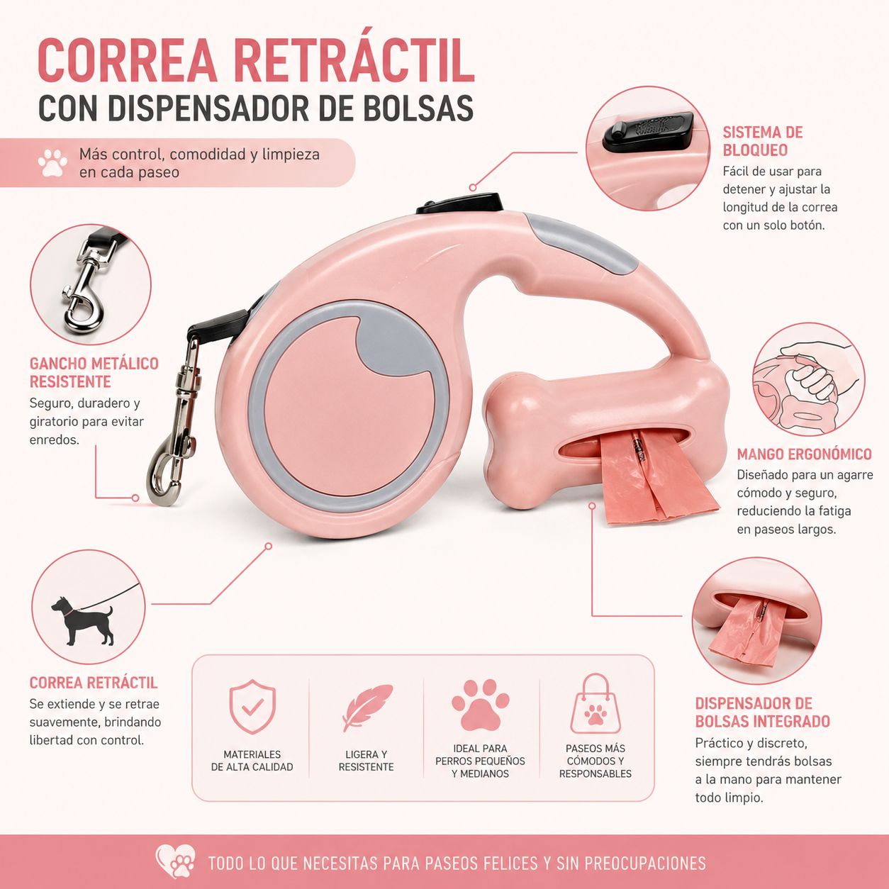 Correa Retráctil de 5mts Con Dispensador De Bolsas Para Mascotas
